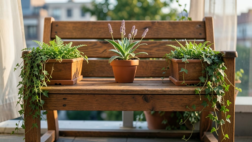 Custom Wooden Bench with Built-In Planters