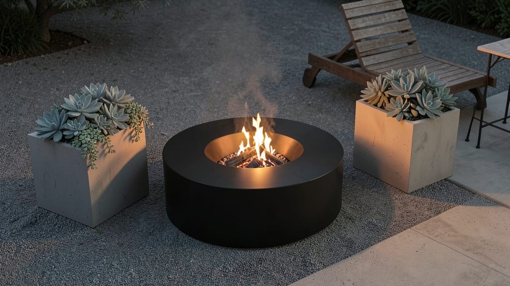 Modern Fire Pit Surrounded by Concrete Planters