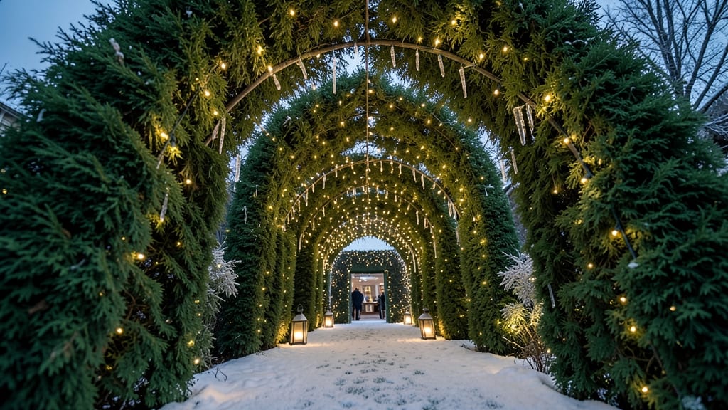 Lighted Cedar Hedge Christmas Tree Tunnel