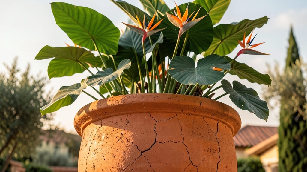 Oversized Terracotta Pots with Dramatic Foliage