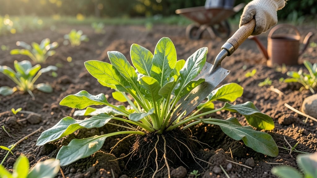 Plantain Weed Pulling with Garden Fork