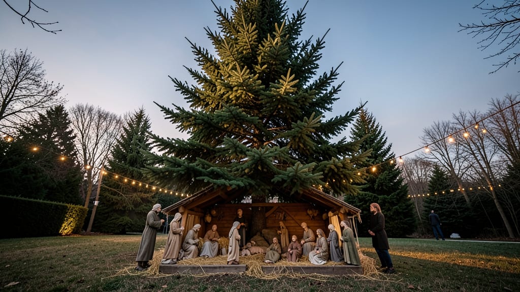 Outdoor Christmas Tree with Live Nativity Scene
